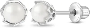 925 Sterling Silver Unique Simulated Pearl Basket Toddler Earrings with Screw Back Locking - Hypoallergenic & Safe for Babies, Toddlers, Young Girls, and Pre Teens