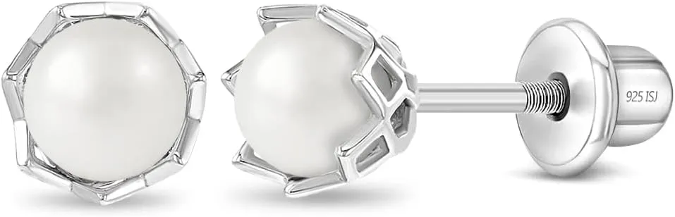 925 Sterling Silver Unique Simulated Pearl Basket Toddler Earrings with Screw Back Locking - Hypoallergenic & Safe for Babies, Toddlers, Young Girls, and Pre Teens