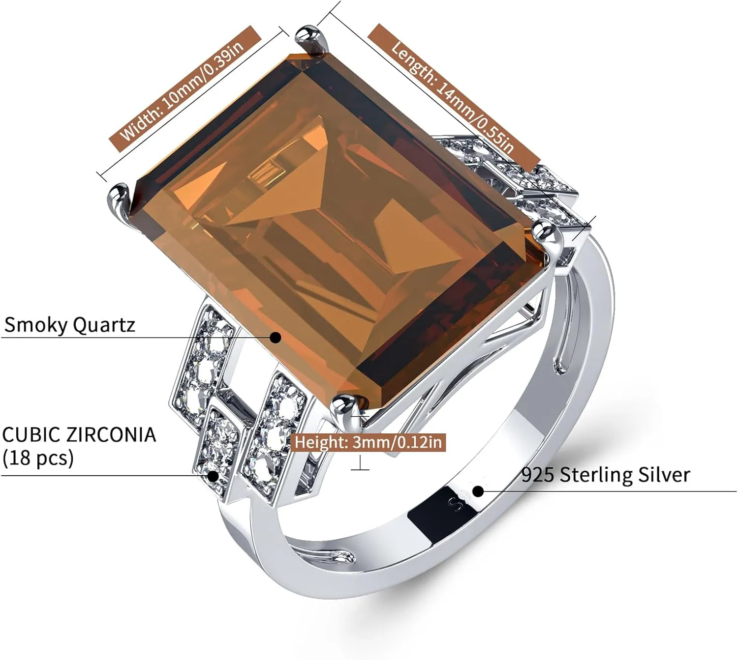 925 Sterling Silver Women Rings 5.9ct Smoky Quartz Statement Rings for Women Girls Cubic Zirconia Engagement Wedding Jewelry Size 6-10