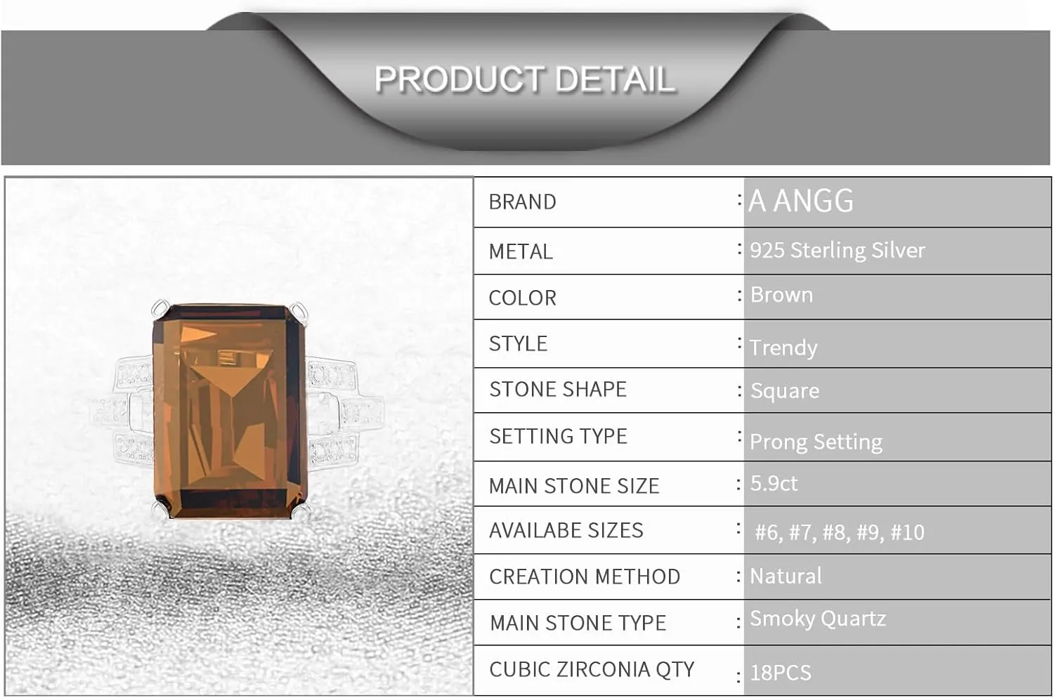 925 Sterling Silver Women Rings 5.9ct Smoky Quartz Statement Rings for Women Girls Cubic Zirconia Engagement Wedding Jewelry Size 6-10