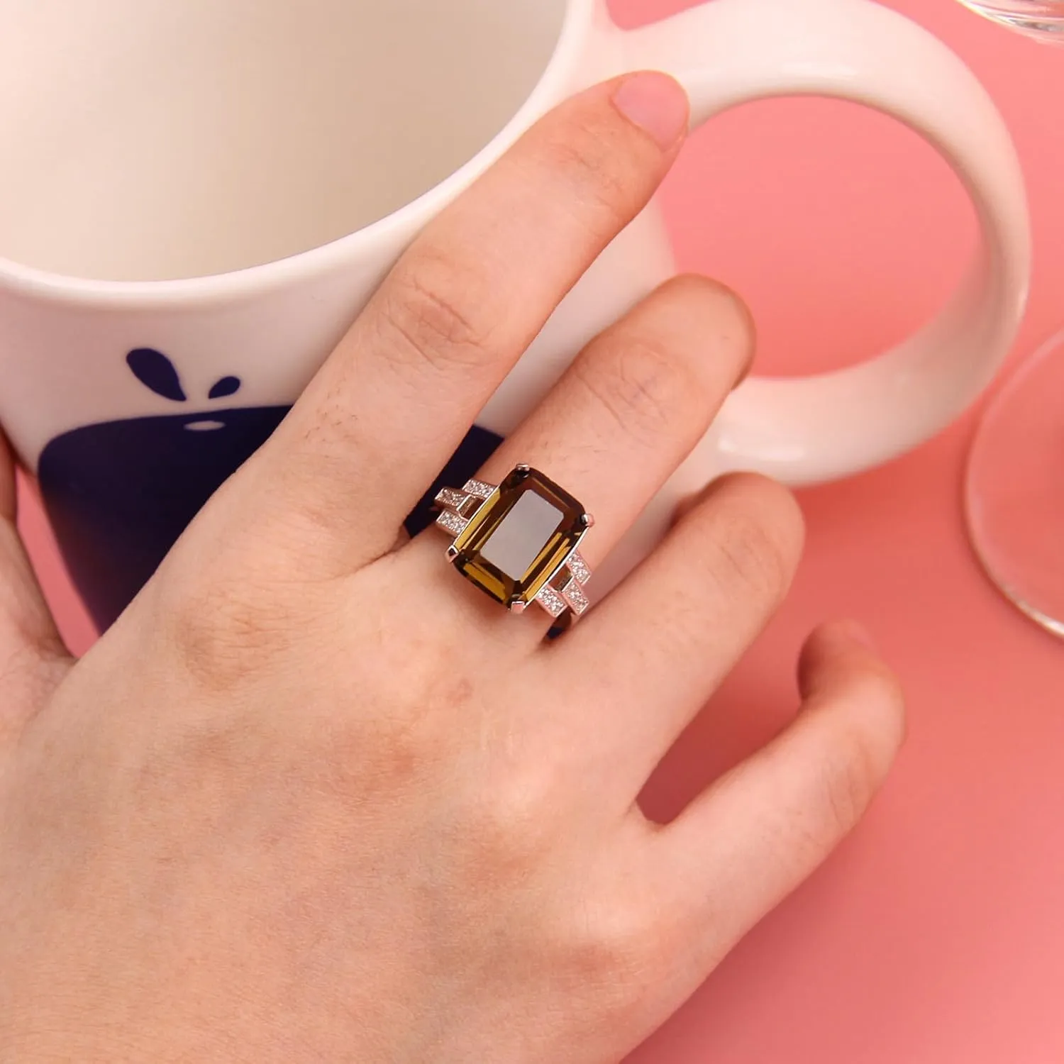 925 Sterling Silver Women Rings 5.9ct Smoky Quartz Statement Rings for Women Girls Cubic Zirconia Engagement Wedding Jewelry Size 6-10
