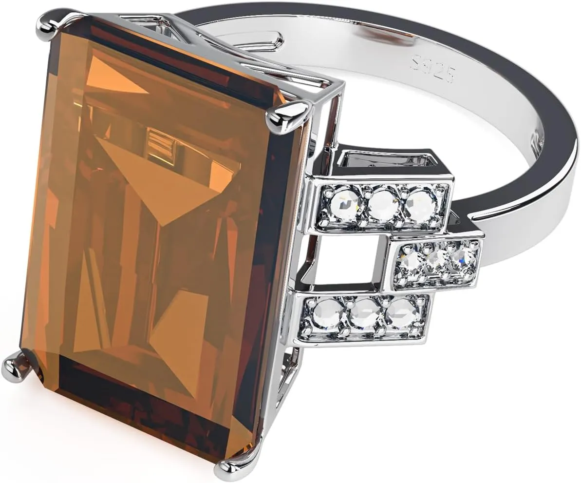 925 Sterling Silver Women Rings 5.9ct Smoky Quartz Statement Rings for Women Girls Cubic Zirconia Engagement Wedding Jewelry Size 6-10