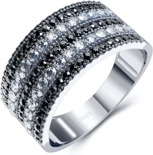 925 Sterling Silver Women Rings with White Cubic Zirconia and Black Spinel High Polish Vintage Statement Rings for Women Girls as Gifts Size 6-10
