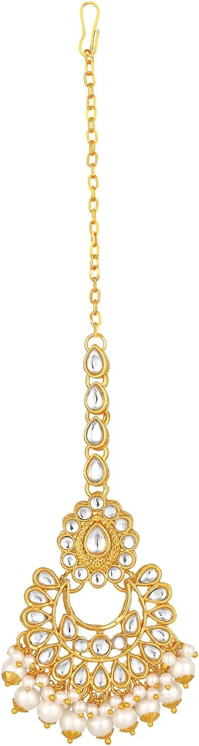 Aabhu Kundan Choker Necklace Set with Earrings & Maang Tikka, Gold-Plated Indian Wedding Jewelry Sets for Women, Traditional Indian Choker Necklace, Bollywood Jewelry, Indian Jewelry Set for Weddings & Parties