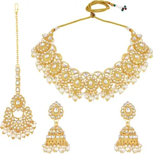 Aabhu Kundan Choker Necklace Set with Earrings & Maang Tikka, Gold-Plated Indian Wedding Jewelry Sets for Women, Traditional Indian Choker Necklace, Bollywood Jewelry, Indian Jewelry Set for Weddings & Parties