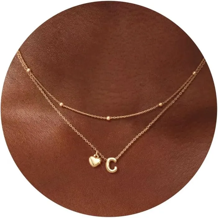 adoyi Gold Necklace for Women Layered Bubble Heart Letter Initial Necklaces for Women Trendy Jewelry 14K Gold Plated Chain Chunky Name Necklace Stack Charm A-Z Pendant Set Jewelry Gifts