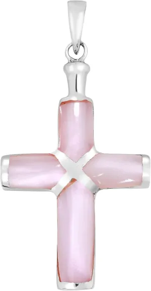 AeraVida Christian Cross Pink Mother of Pearl Inlay .925 Sterling Silver Pendant | Christian Cross Pendant | Sterling Silver Necklace for Women | Mother of Pearl Pendant Necklace Jewelry
