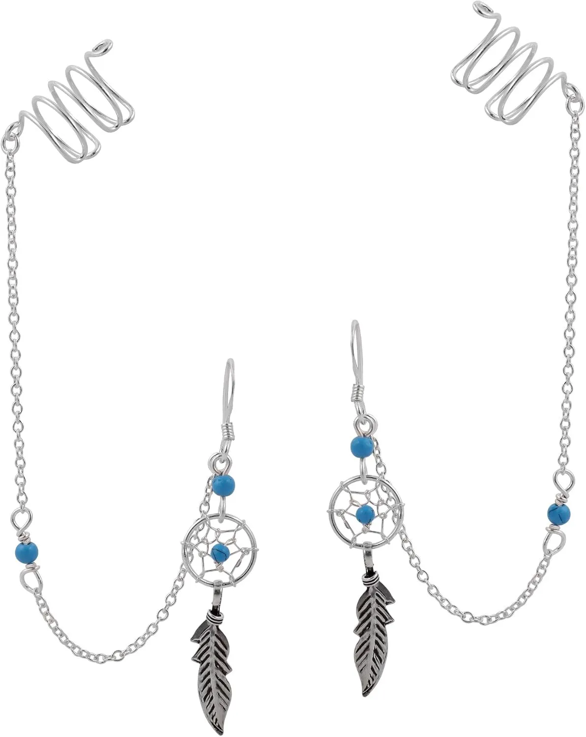AeraVida Unique Dreamcatcher & Ear Cuff Chain w/Blue Simulated Turquoise .925 Sterling Silver Stone Dangle Earrings | Bohemian Accessory for Women