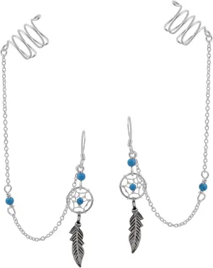 AeraVida Unique Dreamcatcher & Ear Cuff Chain w/Blue Simulated Turquoise .925 Sterling Silver Stone Dangle Earrings | Bohemian Accessory for Women
