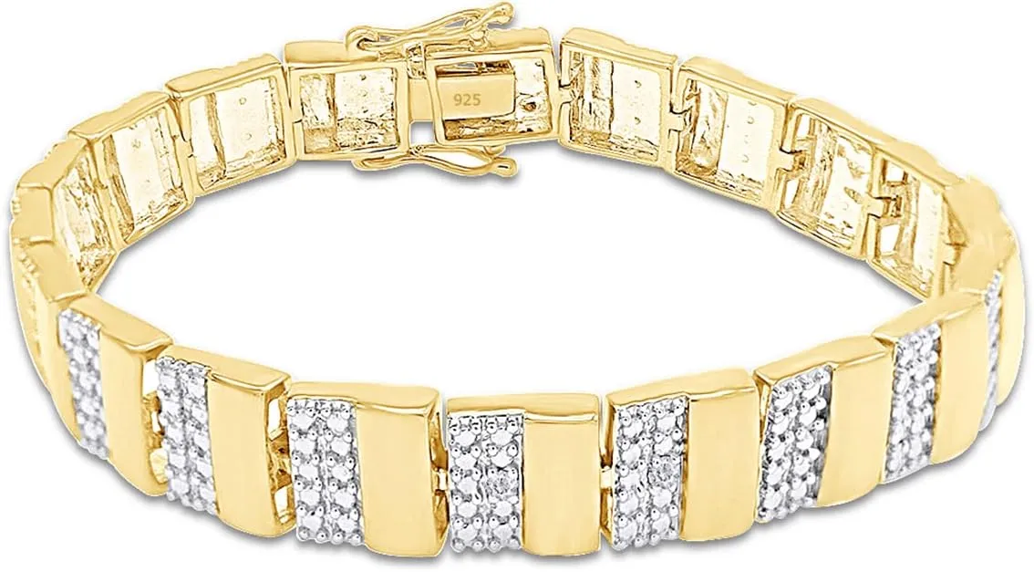 AFFY White Natural Diamond Men's Bracelet In 14k Gold Over Sterling Silver (0.04 cttw)