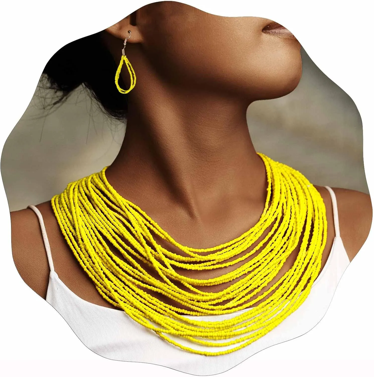 African Bead Necklace Earring Sets Yellow Bib Seed Statement Chunky Collar Multi Strand Boho Jewelry Accessories for Women