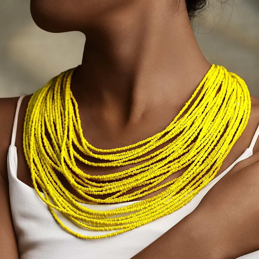 African Bead Necklace Earring Sets Yellow Bib Seed Statement Chunky Collar Multi Strand Boho Jewelry Accessories for Women