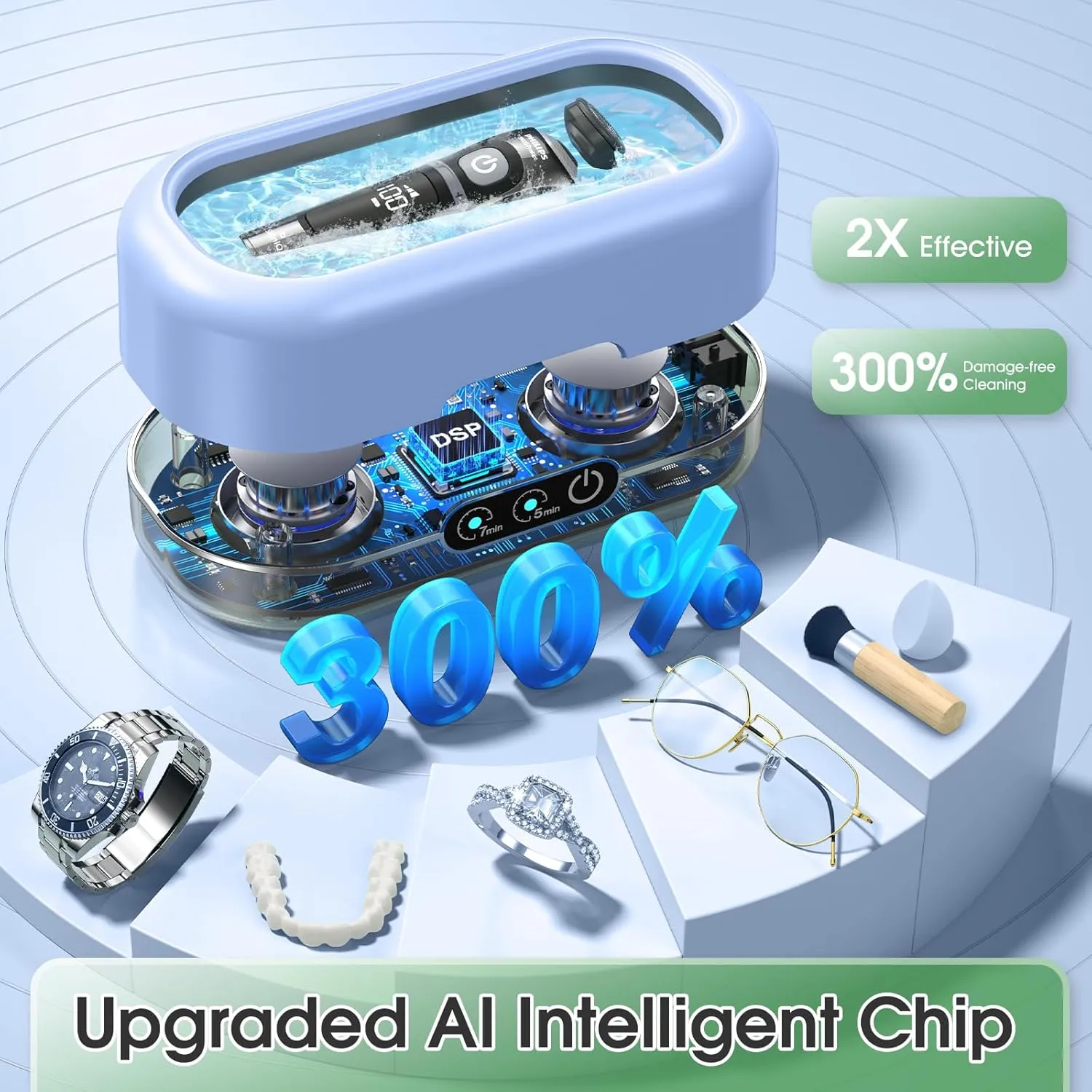 AI Ultrasonic Jewelry Cleaner,50KHz Professional Ultrasonic Cleaner Machine with 304 Stainless Steel for Jewelry, Dentures, Eyeglasses, Rings,Coin, Watch Strap, Tools, Hygiene Items (Blue)