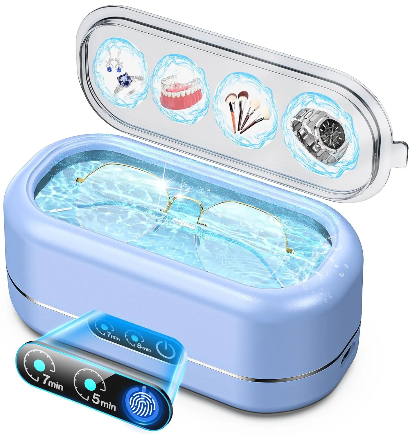 AI Ultrasonic Jewelry Cleaner,50KHz Professional Ultrasonic Cleaner Machine with 304 Stainless Steel for Jewelry, Dentures, Eyeglasses, Rings,Coin, Watch Strap, Tools, Hygiene Items (Blue)