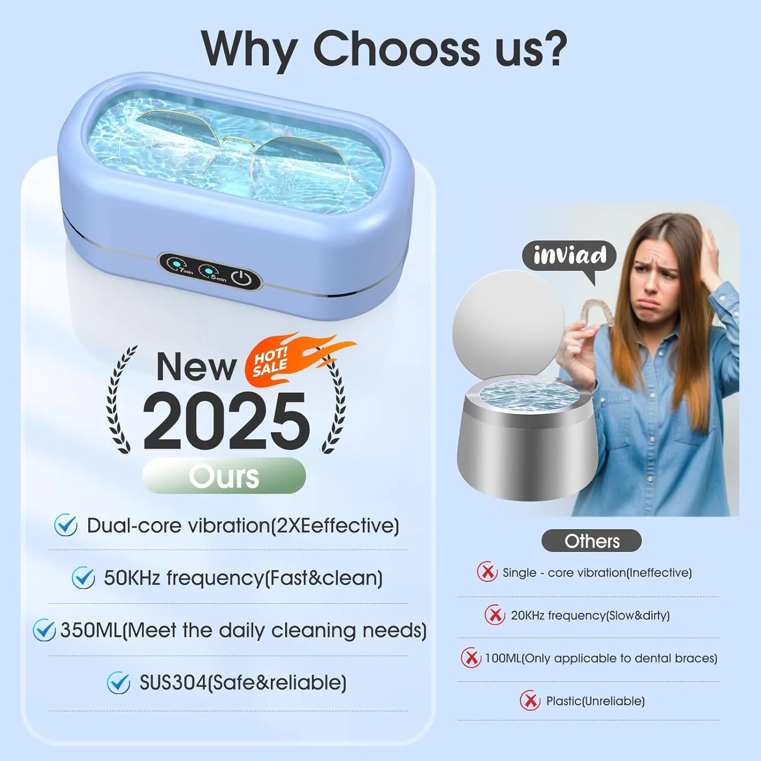 AI Ultrasonic Jewelry Cleaner,50KHz Professional Ultrasonic Cleaner Machine with 304 Stainless Steel for Jewelry, Dentures, Eyeglasses, Rings,Coin, Watch Strap, Tools, Hygiene Items (Blue)