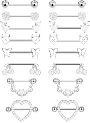 Akeoqi 8 Pairs Nipple Rings Tongue Ring 14G Stainless Steel CZ Ball Butterfly Cherry Heart Apple Straight Nipple Barbells Body Piercing Jewelry for Women Silver Red Tone 16mm