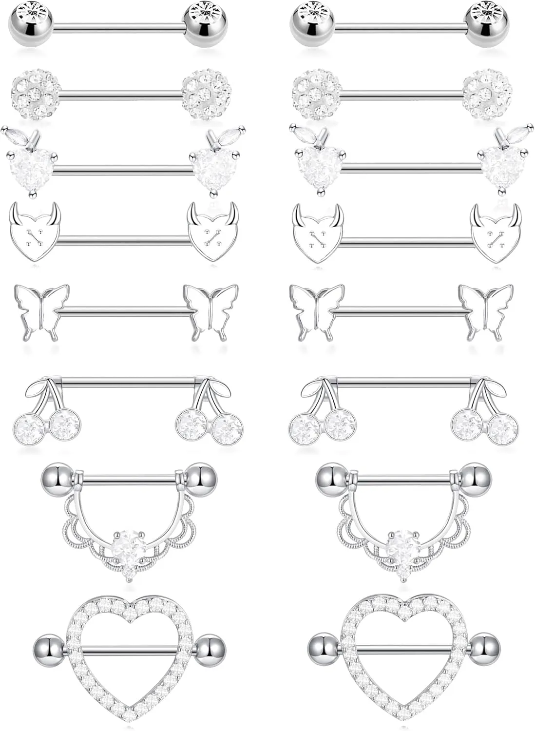 Akeoqi 8 Pairs Nipple Rings Tongue Ring 14G Stainless Steel CZ Ball Butterfly Cherry Heart Apple Straight Nipple Barbells Body Piercing Jewelry for Women Silver Red Tone 16mm