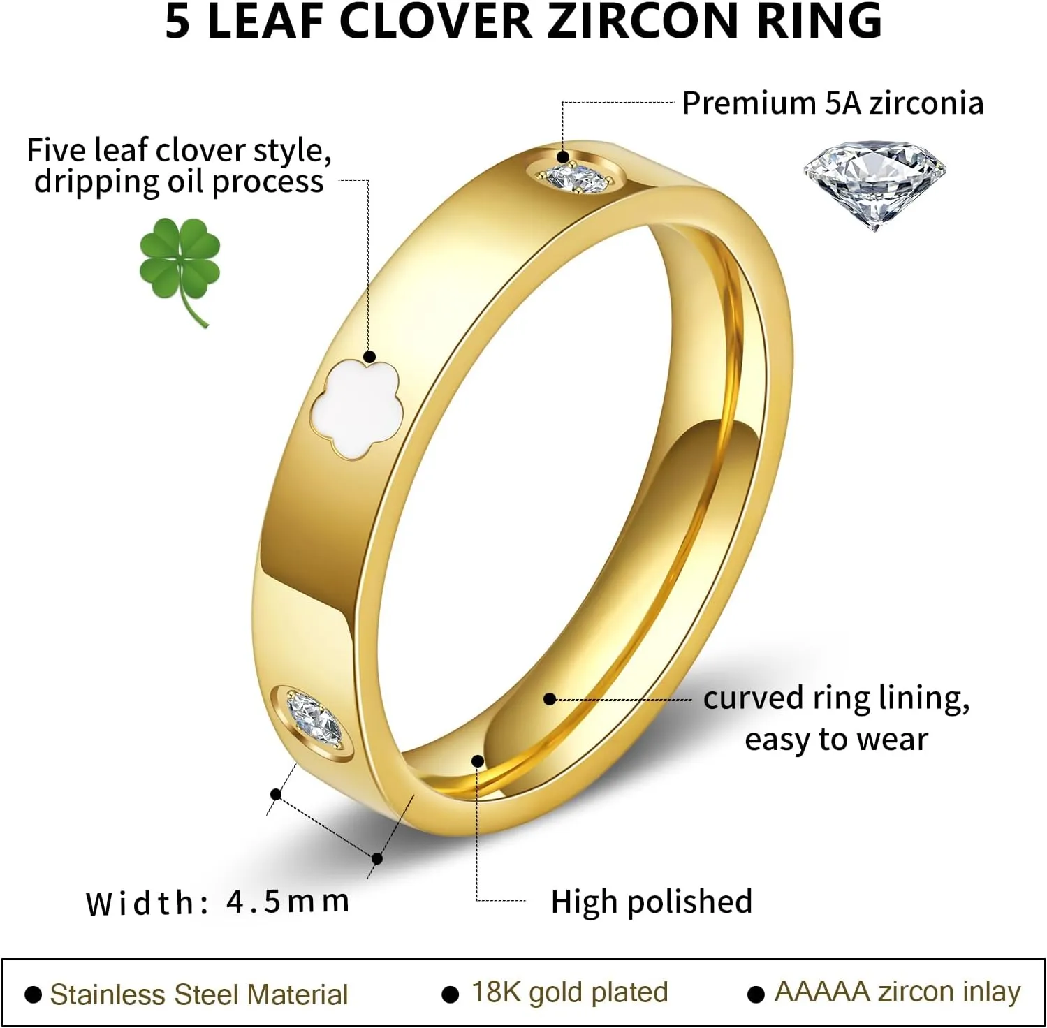 AmorArtSky 18k Gold Five Leaf Clover Dainty Inlaid Zircon Ring for Women:Fashion Lucky Five Leaf Love Promise Rings Stainless Steel Wedding Band Promise Ring Jewelry Birthday Gifts for Women