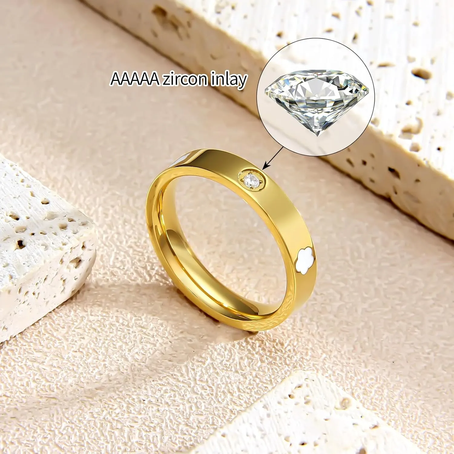 AmorArtSky 18k Gold Five Leaf Clover Dainty Inlaid Zircon Ring for Women:Fashion Lucky Five Leaf Love Promise Rings Stainless Steel Wedding Band Promise Ring Jewelry Birthday Gifts for Women