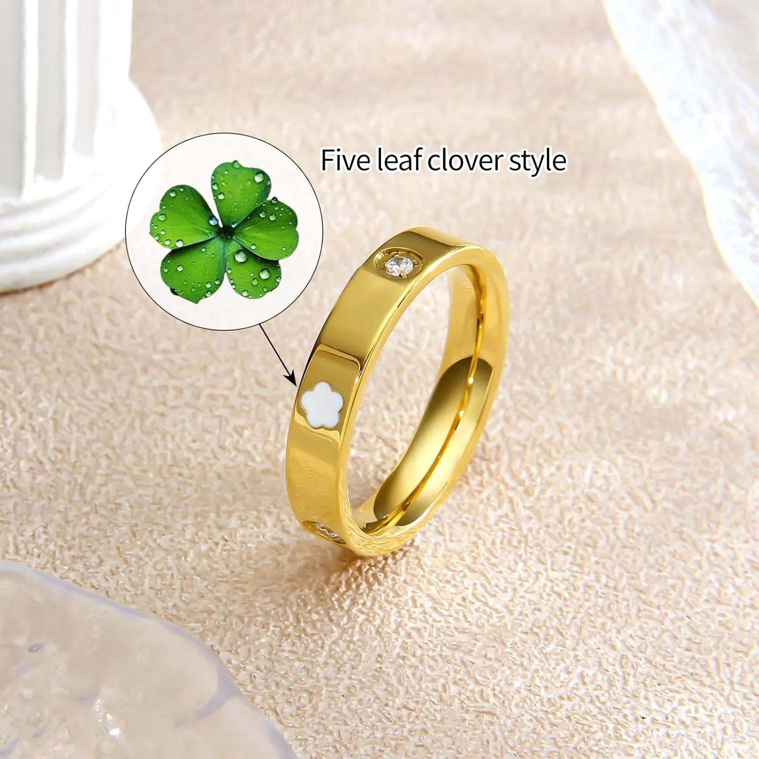 AmorArtSky 18k Gold Five Leaf Clover Dainty Inlaid Zircon Ring for Women:Fashion Lucky Five Leaf Love Promise Rings Stainless Steel Wedding Band Promise Ring Jewelry Birthday Gifts for Women