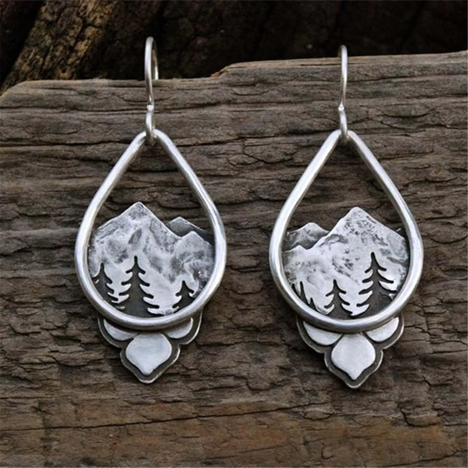 ANDPAI Unique Handmade Vintage Retro Silver Mountain Dangle Drop Earrings with Tree Pattern for Women Statement Outdoor Enthusiast Jewelry Gifts