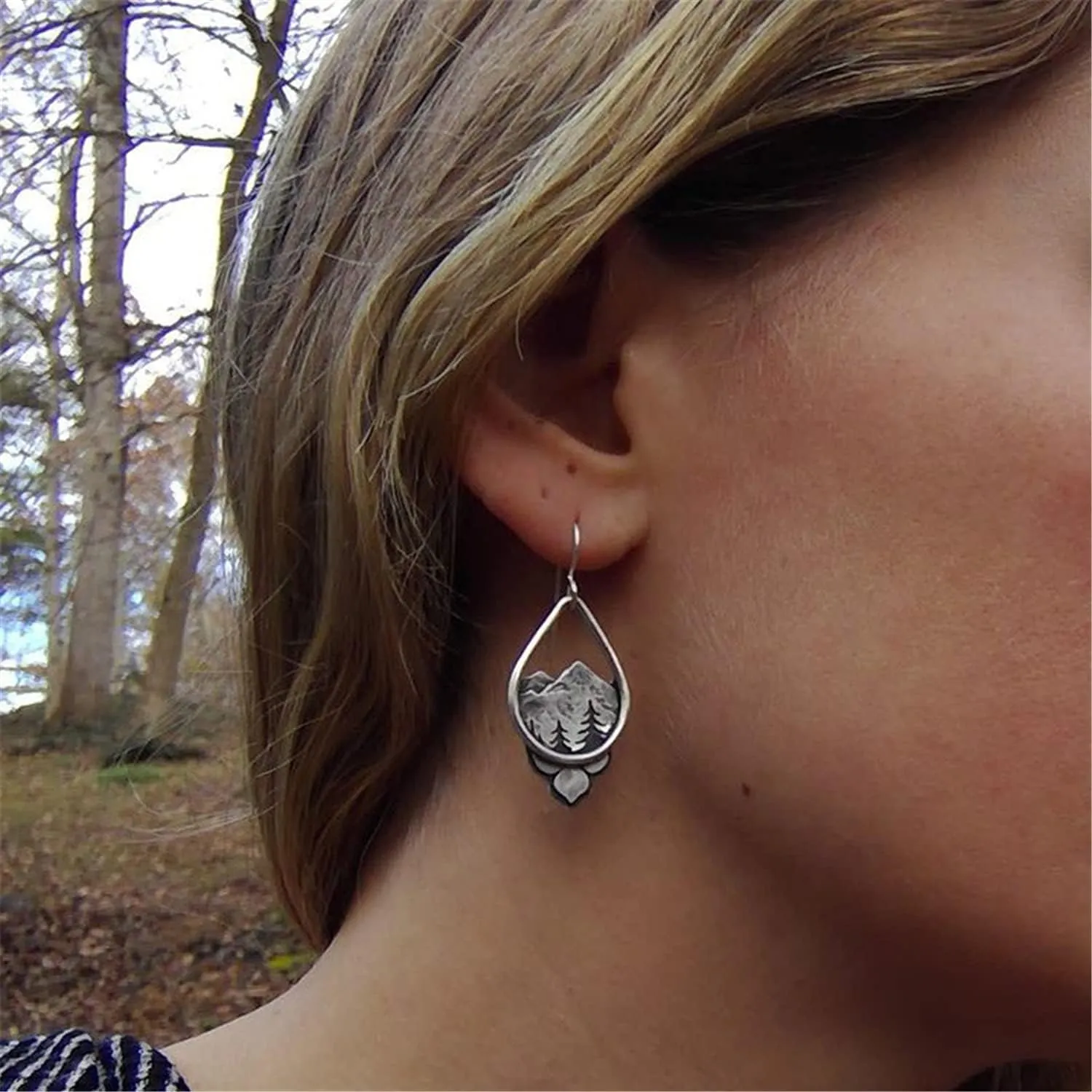 ANDPAI Unique Handmade Vintage Retro Silver Mountain Dangle Drop Earrings with Tree Pattern for Women Statement Outdoor Enthusiast Jewelry Gifts