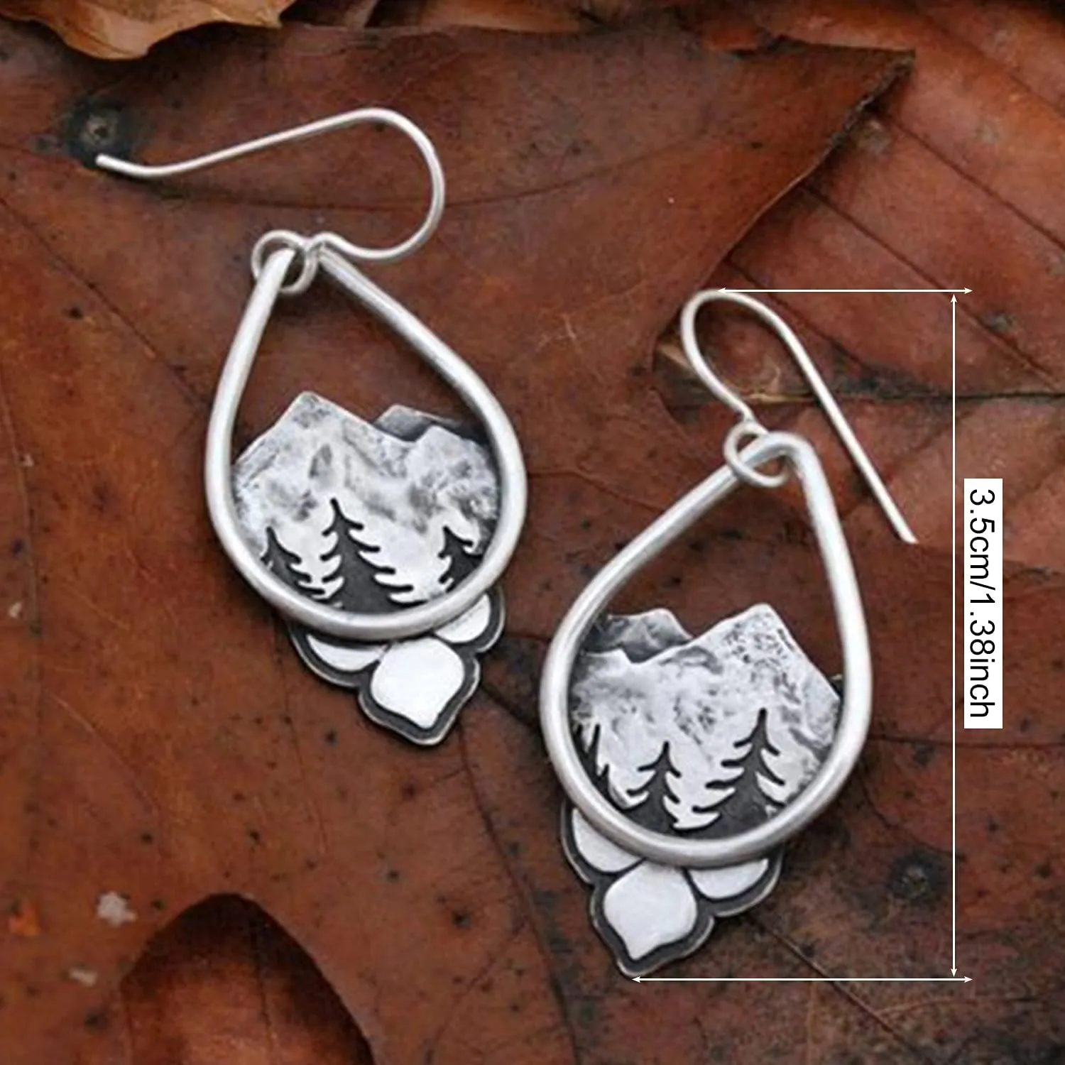 ANDPAI Unique Handmade Vintage Retro Silver Mountain Dangle Drop Earrings with Tree Pattern for Women Statement Outdoor Enthusiast Jewelry Gifts