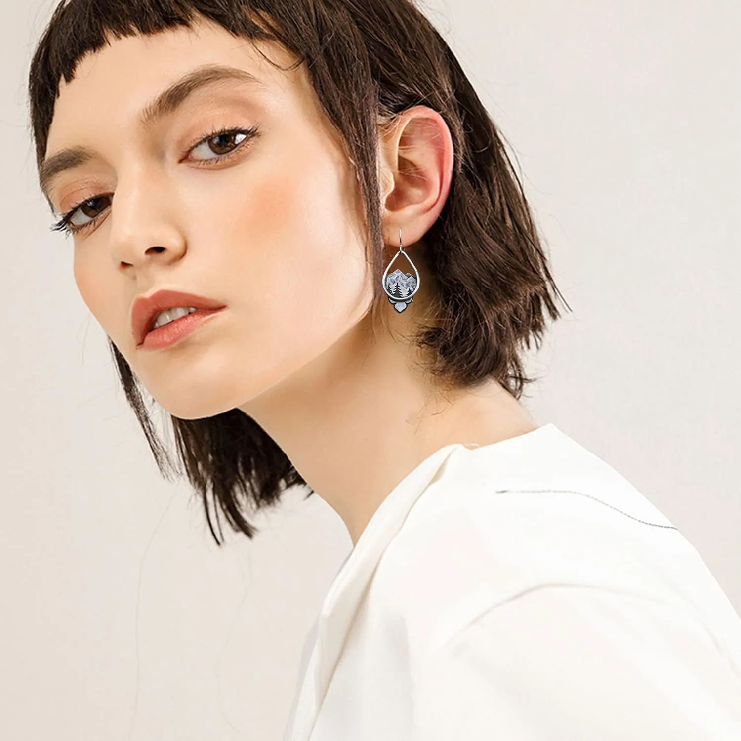ANDPAI Unique Handmade Vintage Retro Silver Mountain Dangle Drop Earrings with Tree Pattern for Women Statement Outdoor Enthusiast Jewelry Gifts