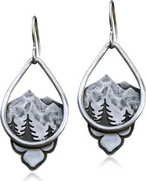 ANDPAI Unique Handmade Vintage Retro Silver Mountain Dangle Drop Earrings with Tree Pattern for Women Statement Outdoor Enthusiast Jewelry Gifts