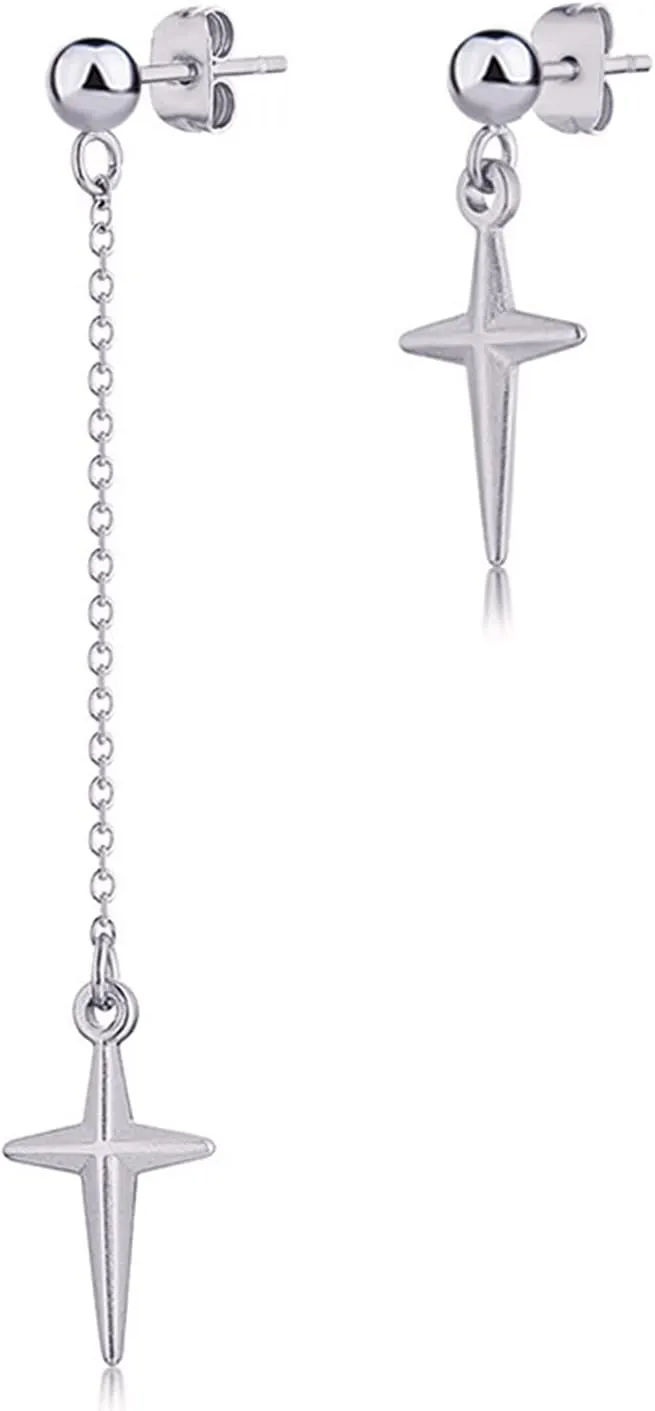 ANDPAI Unique Minimalist Asymmetric Cross Dangle Drop Earring for Women Men Silver Long Chain Punk Ball Stud Earrings Hypoallergenic Geometry Jewelry