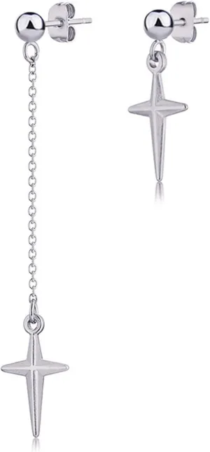 ANDPAI Unique Minimalist Asymmetric Cross Dangle Drop Earring for Women Men Silver Long Chain Punk Ball Stud Earrings Hypoallergenic Geometry Jewelry