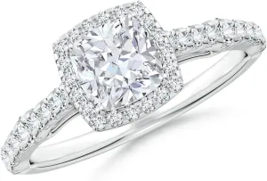 Angara Lab Grown Cushion Diamond Station Halo Engagement Ring in Silver / 14K Solid Gold/Platinum | April Birthstone, Birthday, Anniversary, Wedding Jewelry Gift for Women
