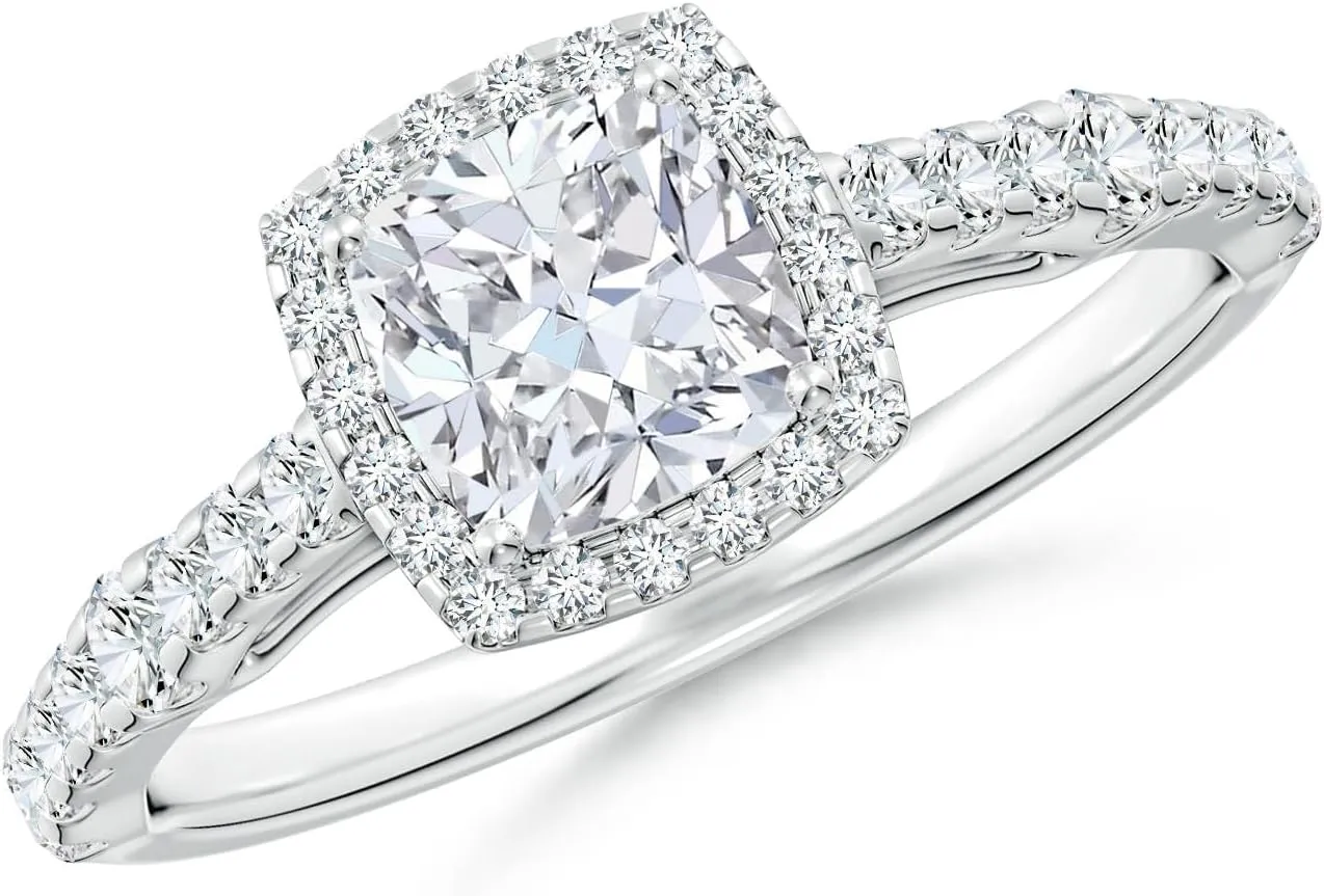 Angara Lab Grown Cushion Diamond Station Halo Engagement Ring in Silver / 14K Solid Gold/Platinum | April Birthstone, Birthday, Anniversary, Wedding Jewelry Gift for Women