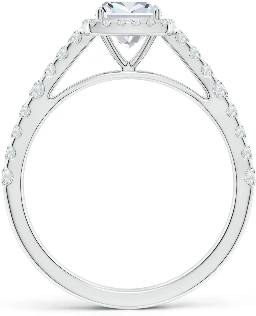 Angara Lab Grown Cushion Diamond Station Halo Engagement Ring in Silver / 14K Solid Gold/Platinum | April Birthstone, Birthday, Anniversary, Wedding Jewelry Gift for Women