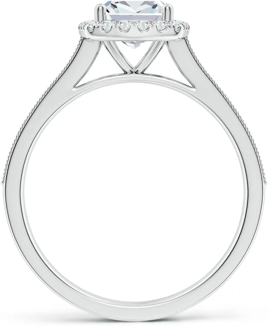 Angara Lab Grown Cushion Rectangular Diamond Reverse Tapered Shank Halo Engagement Ring in Silver / 14K Solid Gold/Platinum | April Birthstone, Birthday, Anniversary, Wedding Jewelry Gift for Women