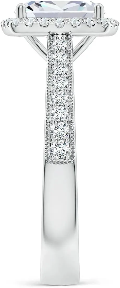 Angara Lab Grown Cushion Rectangular Diamond Reverse Tapered Shank Halo Engagement Ring in Silver / 14K Solid Gold/Platinum | April Birthstone, Birthday, Anniversary, Wedding Jewelry Gift for Women