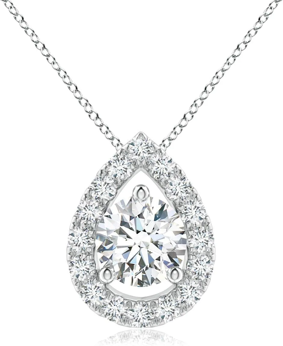 Angara Lab Grown Floating Round Diamond Pendant with Pear-Shaped Halo in 14K Solid Gold/Platinum | April Birthstone, Birthday, Engagement, Anniversary, Wedding Jewelry Gift for Women