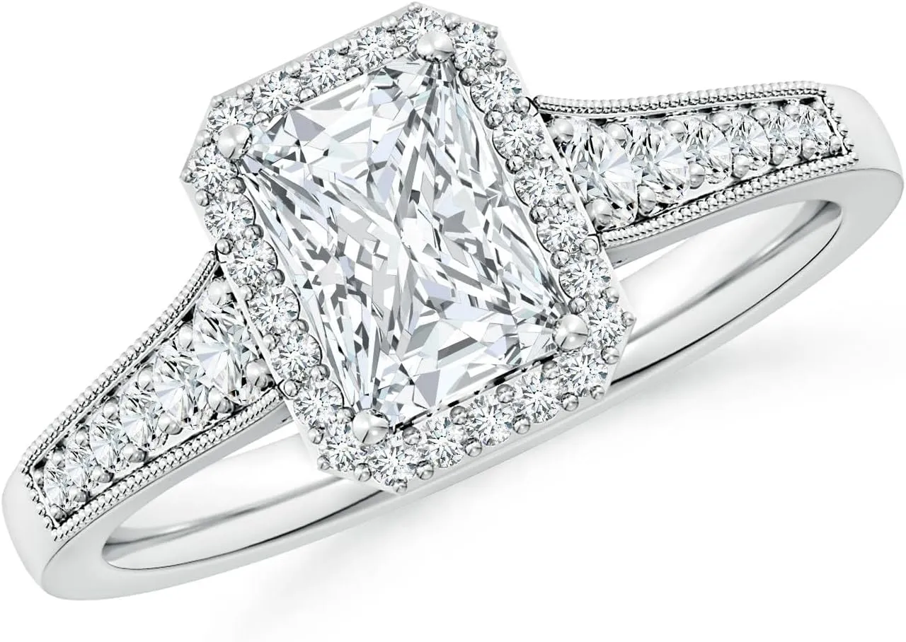 Angara Lab Grown Radiant-Cut Diamond Halo Engagement Ring with Milgrain in Silver / 14K Solid Gold/Platinum | April Birthstone, Birthday, Anniversary, Wedding Jewelry Gift for Women