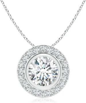 Angara Round Bezel-Set Lab Grown Diamond Pendant with Halo in 14K Solid Gold/Platinum | April Birthstone, Birthday, Engagement, Anniversary, Wedding Jewelry Gift for Women