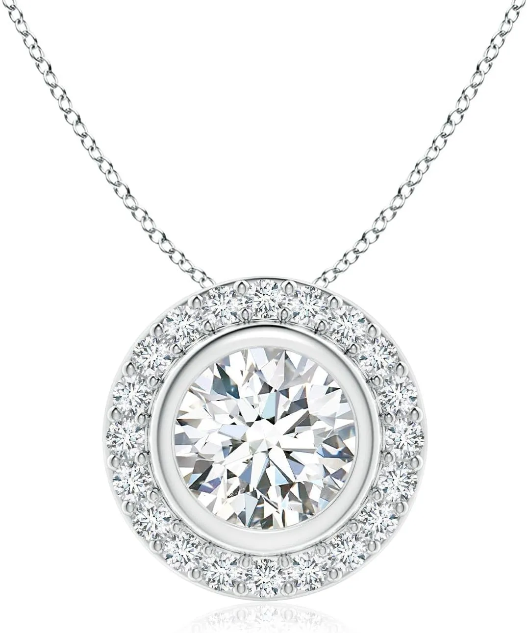 Angara Round Bezel-Set Lab Grown Diamond Pendant with Halo in 14K Solid Gold/Platinum | April Birthstone, Birthday, Engagement, Anniversary, Wedding Jewelry Gift for Women