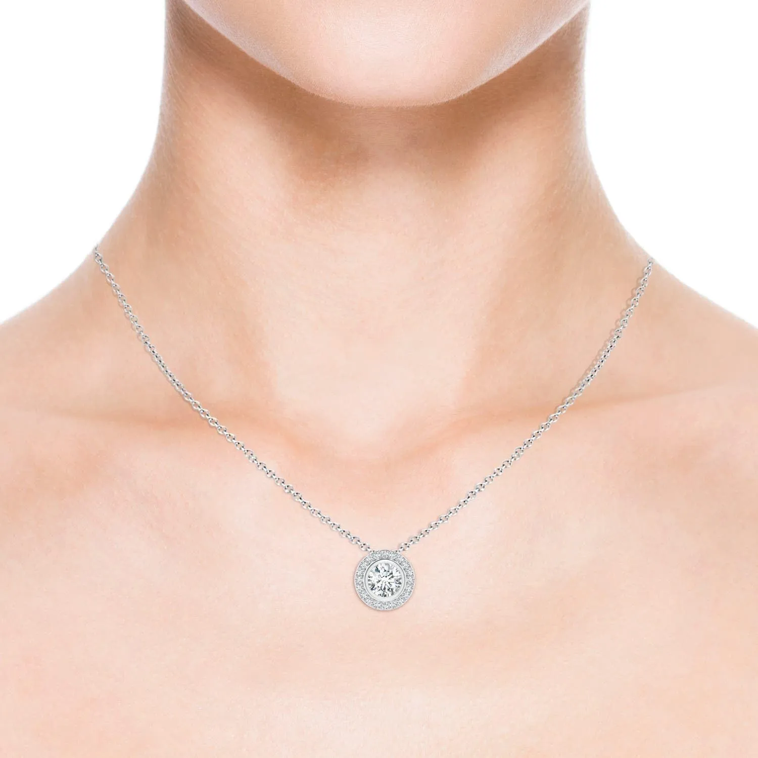 Angara Round Bezel-Set Lab Grown Diamond Pendant with Halo in 14K Solid Gold/Platinum | April Birthstone, Birthday, Engagement, Anniversary, Wedding Jewelry Gift for Women