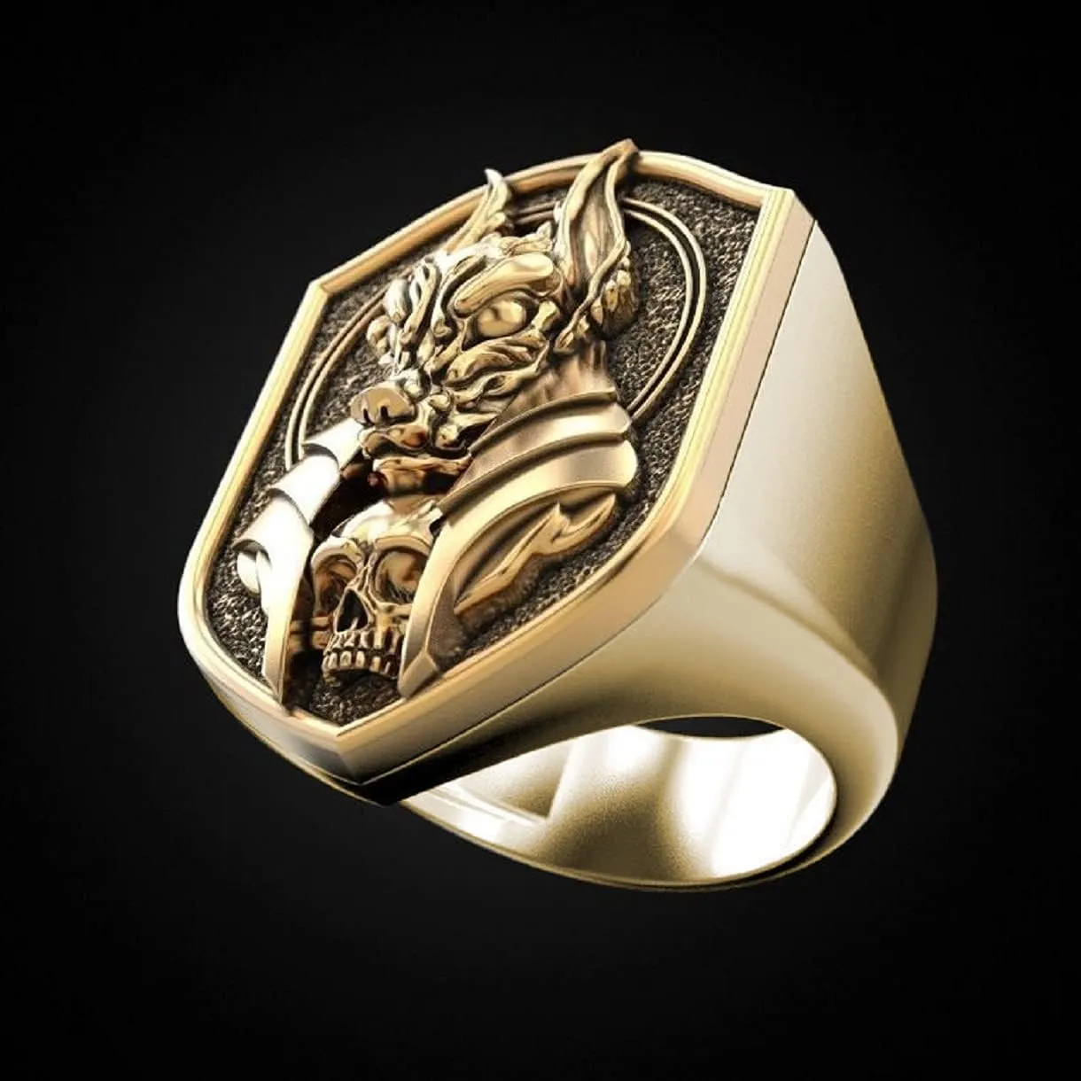 Anubis Ring, Gothic Wolf Head Ring for Men, Egyptian God Anubis Amulet Ring Norse Viking Wolf Animal Ring Anubis Wolf Jewelry, Hip Hop Wolf Band Ring Punk Wolf Shield Ring for mens
