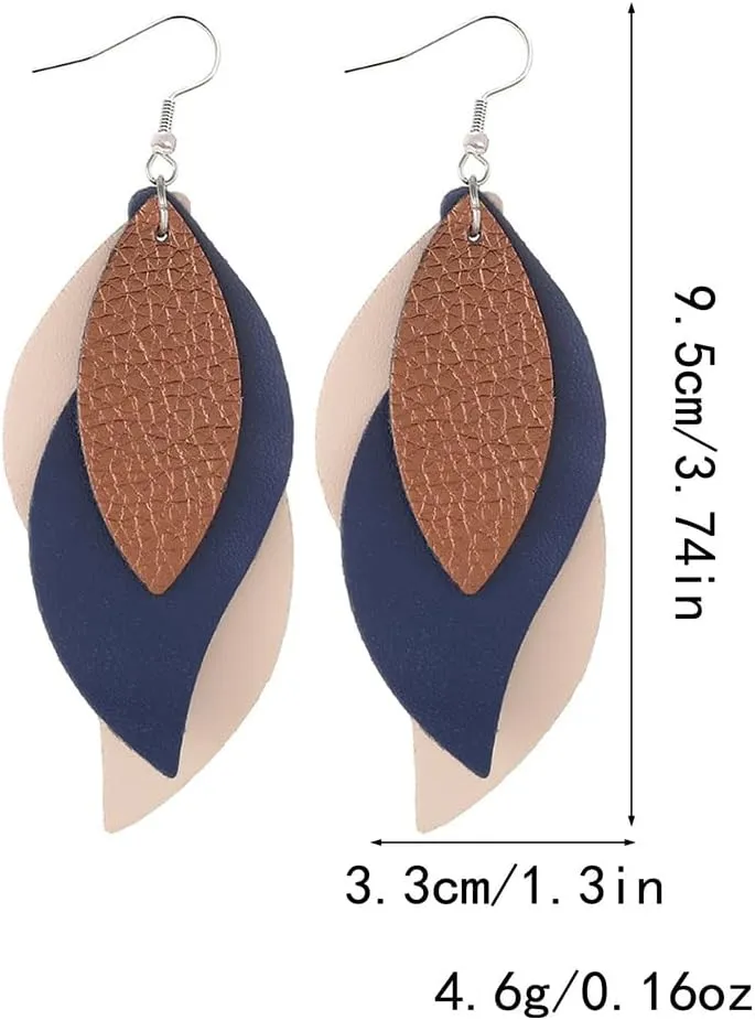 ANXIN boho unique Leather Earrings 2 Layered Lightweight Faux Leather Leaf Earrings Layered Design Drop Earrings Gift for Women