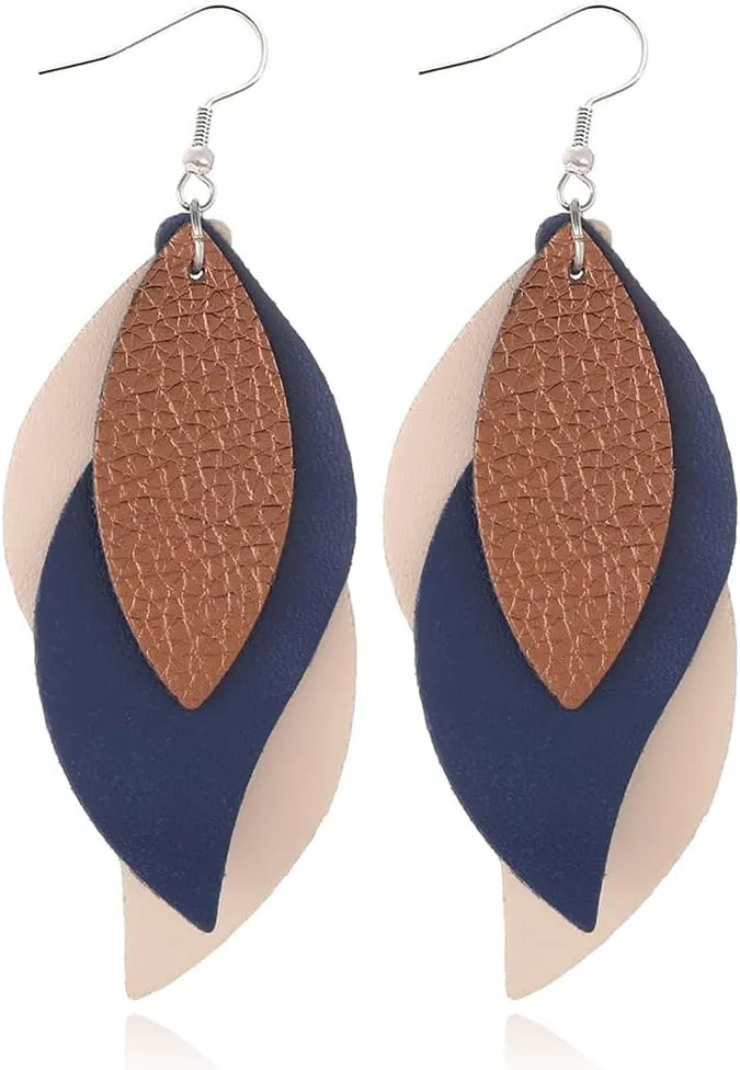 ANXIN boho unique Leather Earrings 2 Layered Lightweight Faux Leather Leaf Earrings Layered Design Drop Earrings Gift for Women