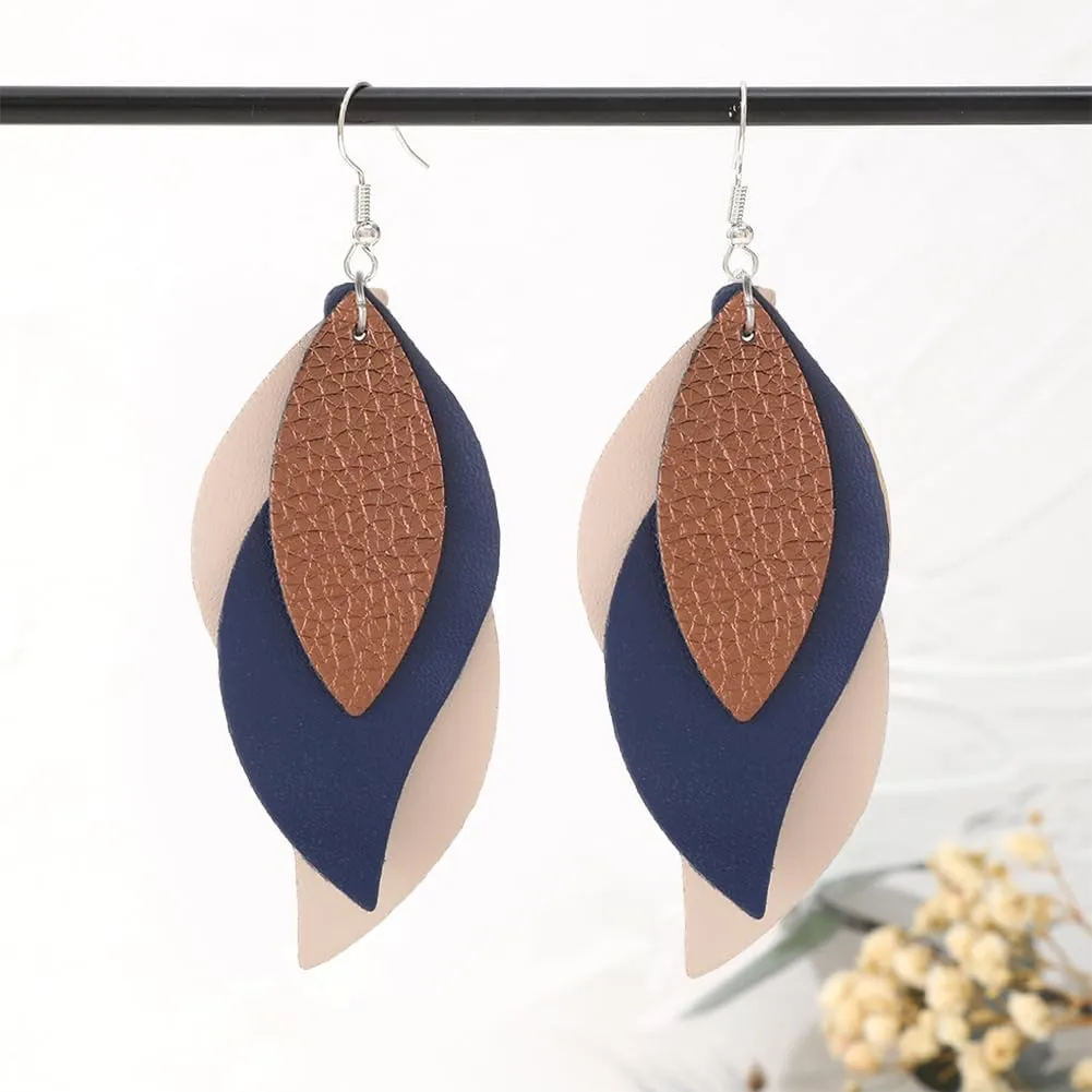 ANXIN boho unique Leather Earrings 2 Layered Lightweight Faux Leather Leaf Earrings Layered Design Drop Earrings Gift for Women