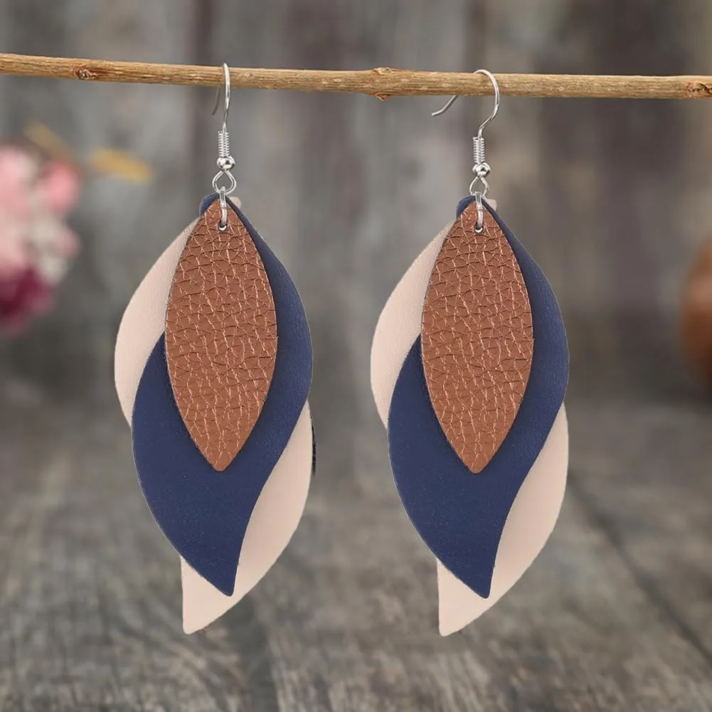 ANXIN boho unique Leather Earrings 2 Layered Lightweight Faux Leather Leaf Earrings Layered Design Drop Earrings Gift for Women