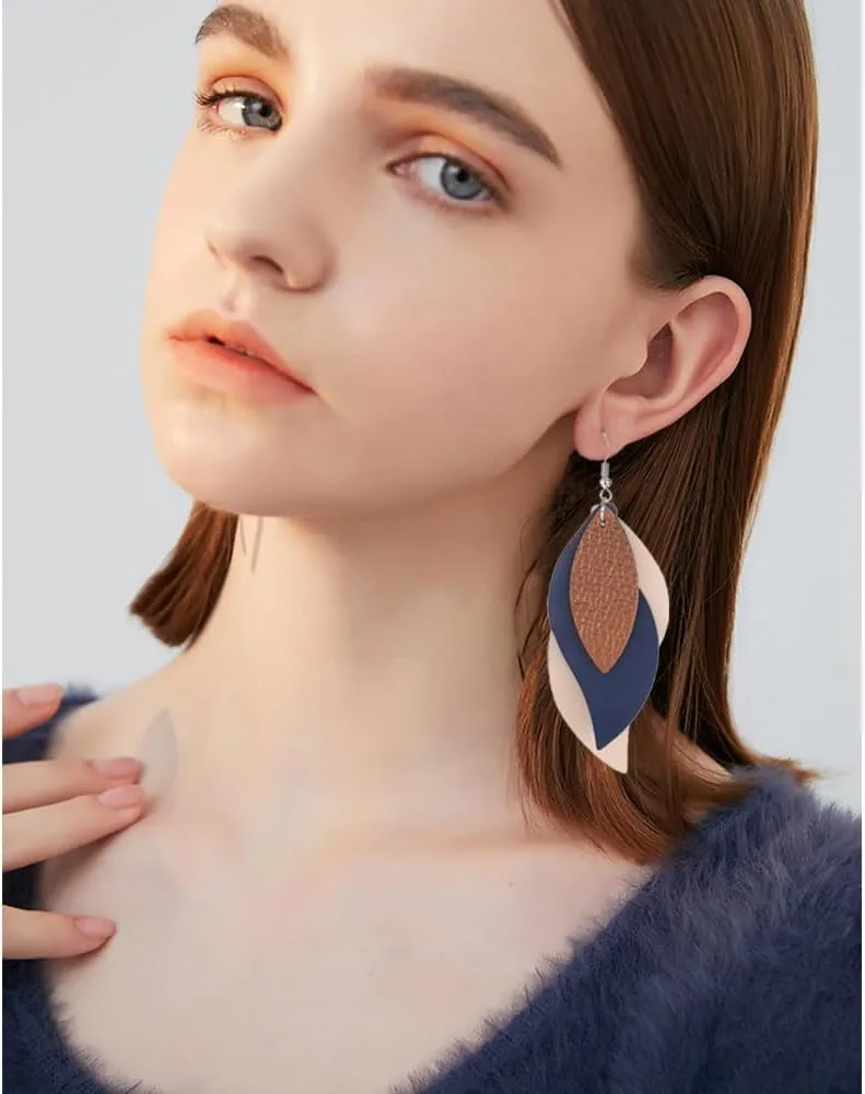 ANXIN boho unique Leather Earrings 2 Layered Lightweight Faux Leather Leaf Earrings Layered Design Drop Earrings Gift for Women