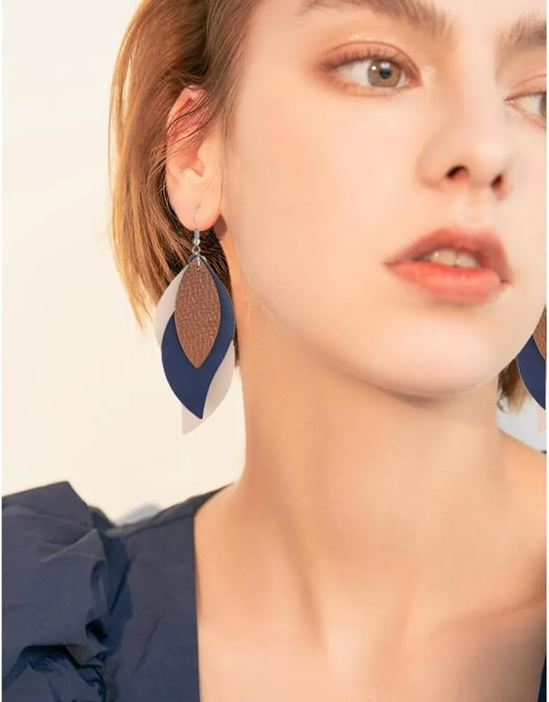 ANXIN boho unique Leather Earrings 2 Layered Lightweight Faux Leather Leaf Earrings Layered Design Drop Earrings Gift for Women
