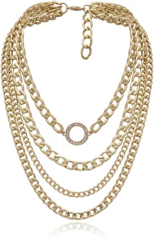 Asphire Punk Layered Cuban Link Chain Choker Necklace Crystal Circle Pendant Necklace Chunky Boho Necklace Jewelry for Women and Girls