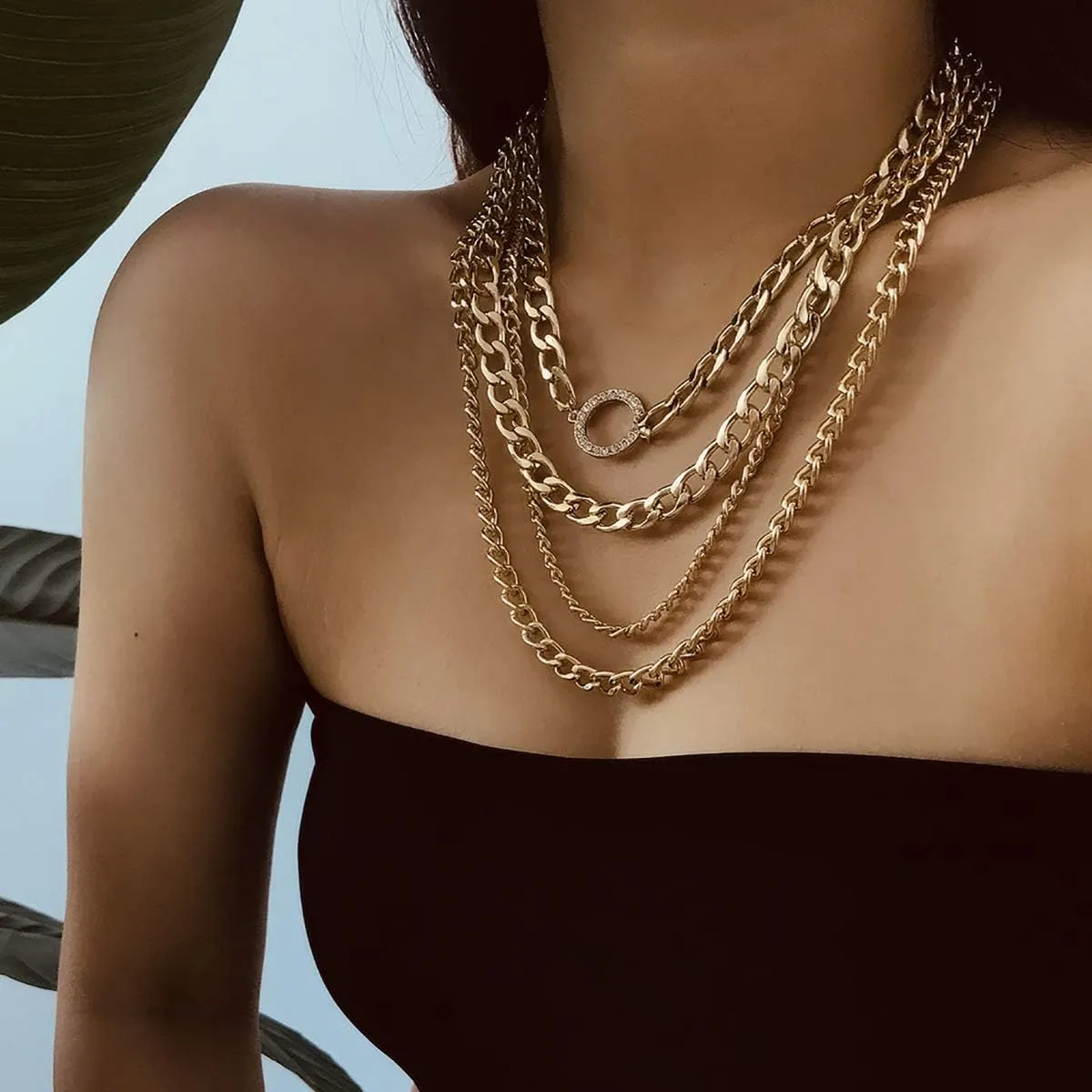 Asphire Punk Layered Cuban Link Chain Choker Necklace Crystal Circle Pendant Necklace Chunky Boho Necklace Jewelry for Women and Girls